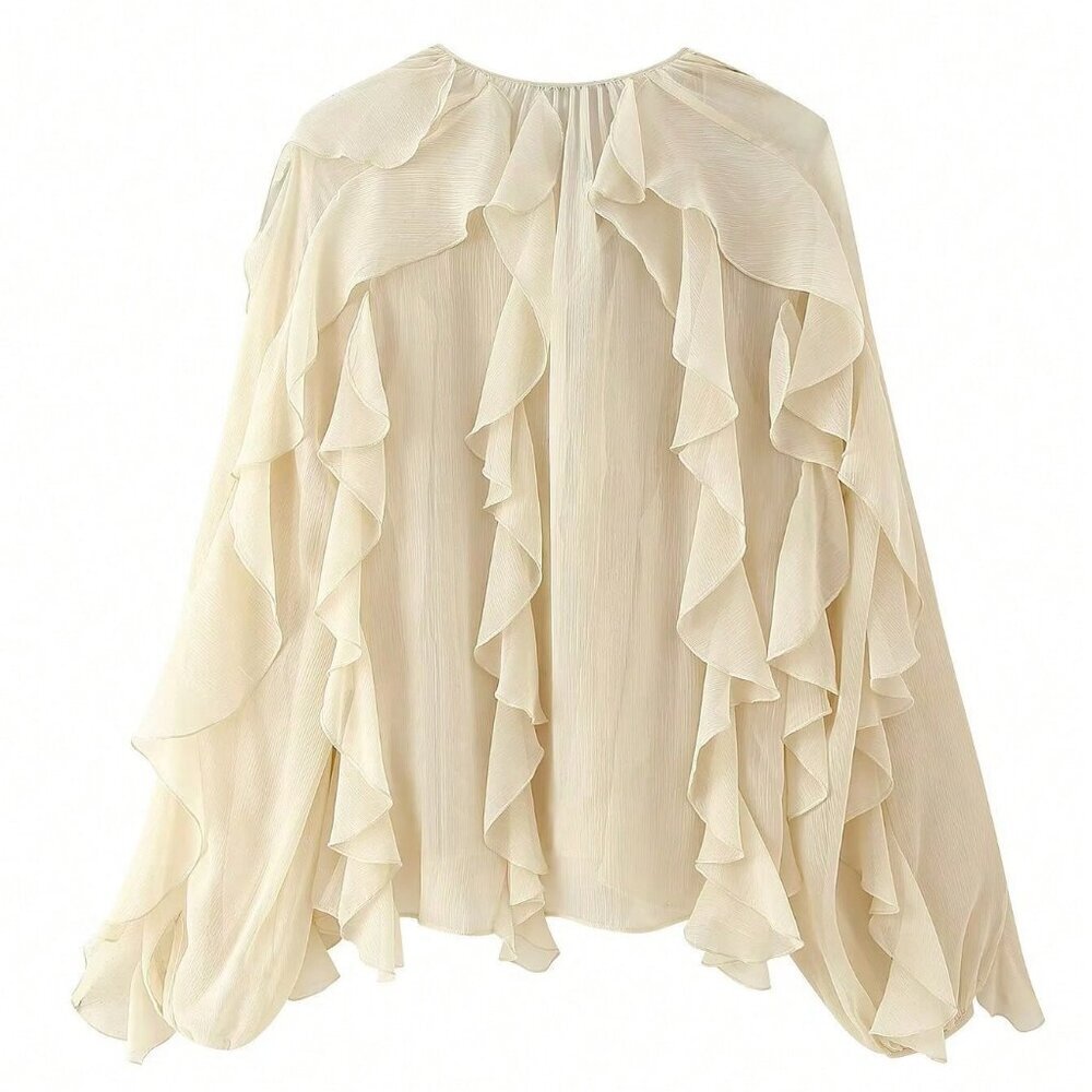 Tan Casual Women's Ruffle Trim Lantern Blouse Shirt - Picture 10 of 10